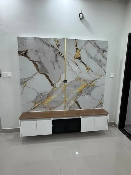 Living features: marble feature wall with gold veining, white cabinetry with wooden top, glossy tile flooring, recessed lighting, wall-mounted TV, neutral wall color, modern design, minimalist decor; style: modern.