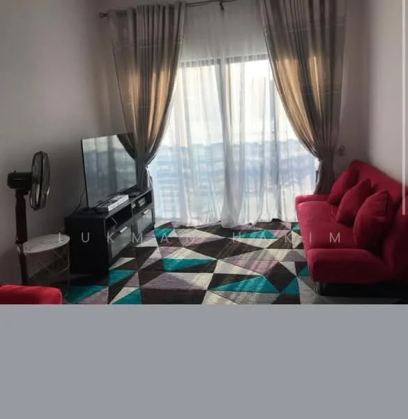 Living features: red fabric sofa, 2-seater sofa, coffee table, wall-mounted TV, TV console, area rug with geometric pattern, floor-to-ceiling windows, sheer curtains, ceiling fan, decorative wall, light-colored walls; style: modern; view: city.
