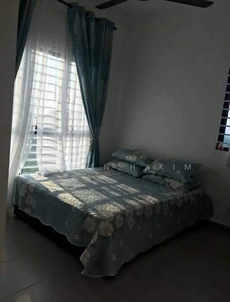 Bedroom features: queen-size bed with floral bedding, light blue curtains, white painted walls, grey tiled flooring, ceiling fan, window with blinds, decorative throw pillows; style: modern.