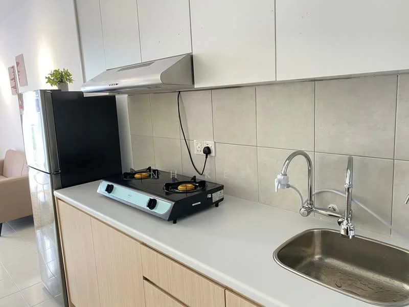 Kitchen features: stainless-steel sink, chrome pull-down faucet, gas stove with two burners, black range hood, light wood cabinetry, white countertop, grey tiled backsplash, refrigerator, open shelving, wall-mounted electrical outlet; style: modern.