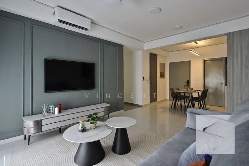 Living features: grey accent wall, light grey sofa, 2 round coffee tables with black bases, wall-mounted TV, TV console with storage, recessed lighting, 1 wall-mounted split AC, area rug, dining table with chairs in background, open layout, neutral tile flooring; style: modern.