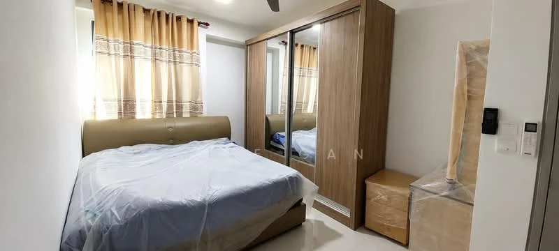 Bedroom features: king-size bed with upholstered headboard, mirrored wardrobe, wooden bedside table, cream curtains, white painted walls, polished tile flooring, ceiling fan, decorative wall paneling; style: modern.
