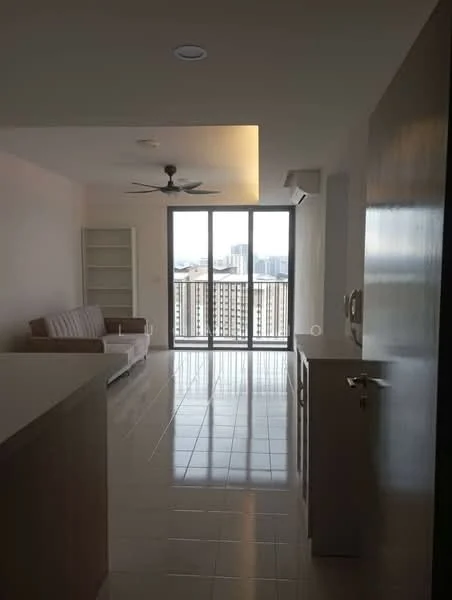 Living features: 3-seater fabric sofa in beige, floor-to-ceiling windows, sliding glass door, white painted walls, recessed downlights, 5-blade ceiling fan, glossy ceramic tile flooring, built-in shelving unit, air conditioning unit; style: modern; view: city.