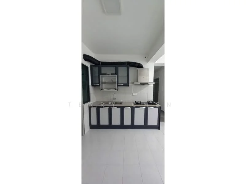 Kitchen features: blue and white cabinetry, stainless-steel built-in oven, stainless-steel range hood, 4-burner gas hob, single-bowl stainless-steel sink, chrome pull-down faucet, white tiled backsplash, white walls, grey tile flooring, window with green view, open layout; style: modern; view: garden.
