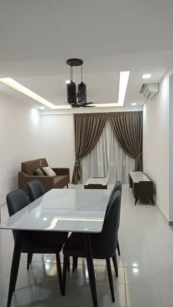 Dining features: white marble dining table, 4 black dining chairs, recessed ceiling with LED lighting, pendant light fixture, cream painted walls, grey curtains, floor-to-ceiling windows, wall-mounted split AC; style: modern. Living features: brown fabric sofa, decorative cushions, coffee table, wall-mounted TV, area rug, light grey tiled flooring; style: modern.