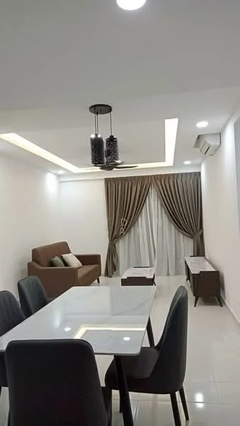 Living features: 3-seater fabric sofa in brown, dining table with marble top, 4 upholstered dining chairs, ceiling with recessed lighting, 5-blade ceiling fan with light, floor-to-ceiling windows with sheer curtains, light-colored tiled flooring, decorative wall paneling, wall-mounted air conditioning unit; style: modern.