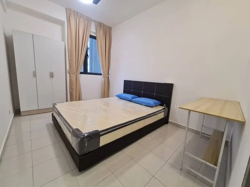 Bedroom features: queen-size bed with mattress, two blue pillows, light wood study desk, white wardrobe with two doors, floor-to-ceiling window, beige curtains, white painted walls, tile flooring; style: modern.