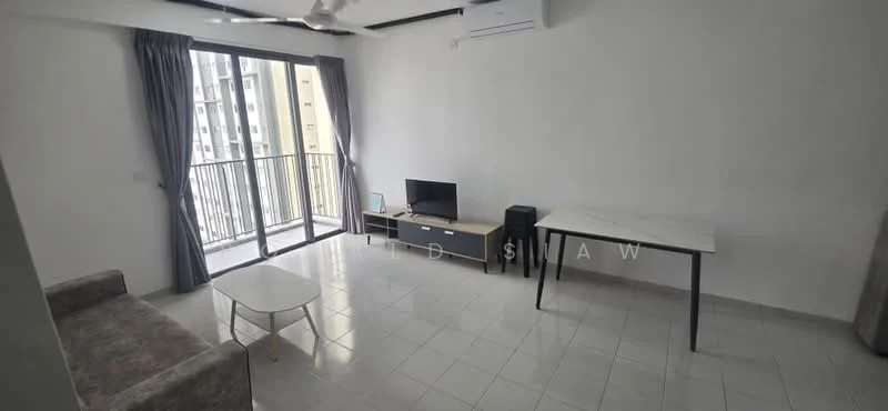 Living features: grey fabric sofa, white coffee table, black TV console, wall-mounted TV, white marble flooring, floor-to-ceiling windows, sheer curtains, ceiling fan with light, balcony access; style: modern; view: city.