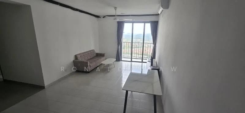 Living features: grey fabric sofa, white coffee table, white walls, tile flooring, floor-to-ceiling windows, curtains, ceiling fan, air conditioning unit; style: modern; view: mountain.