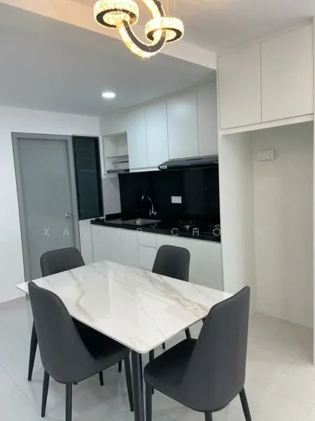 Kitchen features: white cabinetry, black countertop, stainless-steel sink, chrome pull-down faucet, built-in oven, stainless-steel range hood, ceramic tile flooring, recessed downlights, 4-seater dining table, grey upholstered dining chairs, wall-mounted cabinets, sliding glass door, white walls; style: modern.