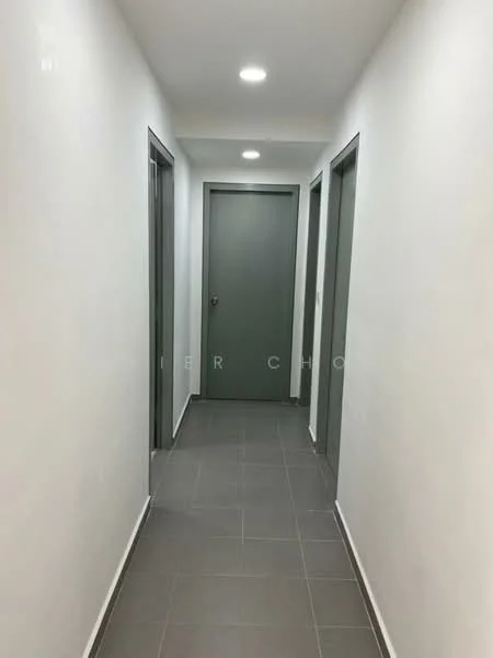 Hallway features: white painted walls, grey doors, grey tiled flooring, recessed LED downlights, narrow corridor layout; style: modern.