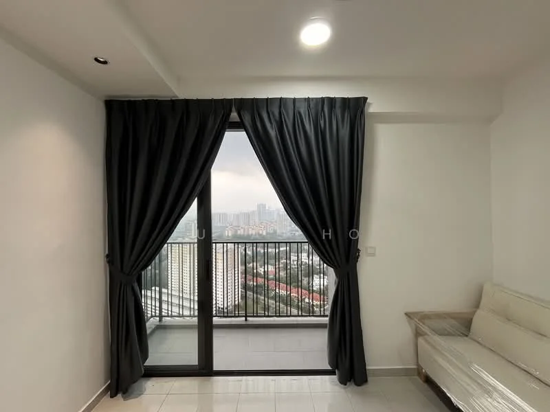 Living features: floor-to-ceiling sliding glass door, blackout curtains, white painted walls, tile flooring, recessed downlights, sofa, city view, balcony access; style: modern; view: city.