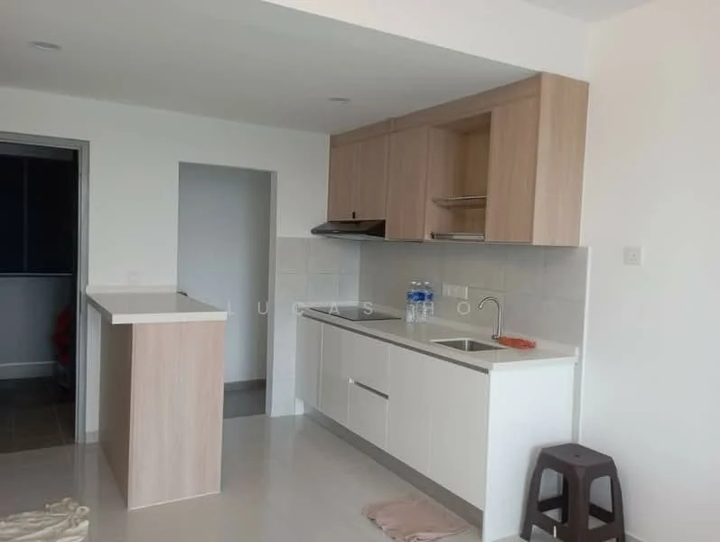 Kitchen features: white cabinetry, light wood upper cabinets, stainless-steel sink, chrome pull-down faucet, white countertop, built-in stove, tile backsplash, open shelving, kitchen island, grey tile flooring; style: modern.