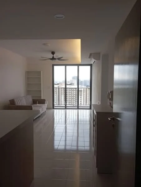 Living features: floor-to-ceiling windows, sliding glass door, 3-blade ceiling fan, white painted walls, glossy tile flooring, sofa in beige, built-in shelving unit, air conditioning unit; style: modern; view: city.