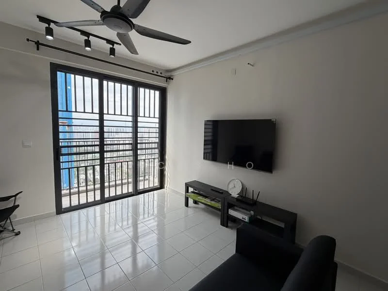 Living features: floor-to-ceiling windows, black metal window frames, 5-blade ceiling fan with light, wall-mounted TV, black TV console, white wall, white tiled flooring, black sofa, decorative clock; style: modern; view: city.