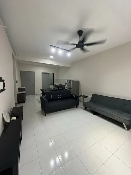 Living features: white painted walls, glossy white tile flooring, 5-blade ceiling fan with light, sofa in dark grey fabric, coffee table, TV console, refrigerator, wall-mounted mirror, LED ceiling lights; style: modern.