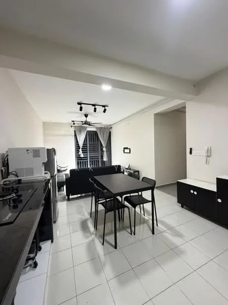 Dining features: black dining table with four chairs, white tiled flooring, ceiling-mounted track lighting, 5-blade ceiling fan, black sideboard with drawers, open-plan layout, floor-to-ceiling windows with sheer curtains, kitchen area with black cabinetry and stainless-steel appliances; style: modern.