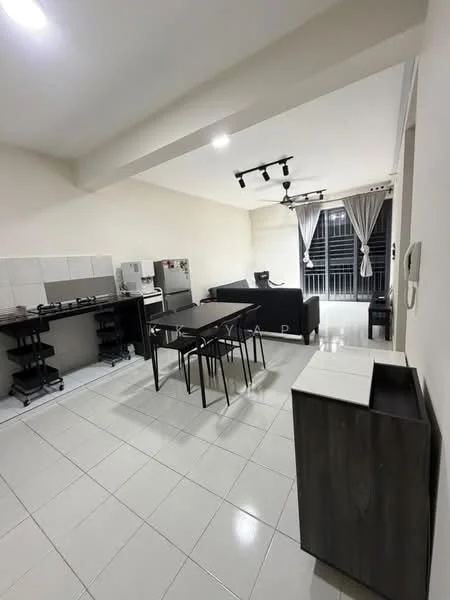 Living features: grey sectional sofa, black dining table with four chairs, white tiled flooring, recessed LED downlights, ceiling track lighting, floor-to-ceiling windows, sheer curtains, black kitchen cabinets, stainless-steel fridge, built-in stove, open layout, wall-mounted TV, decorative wall paneling; style: modern; view: city.