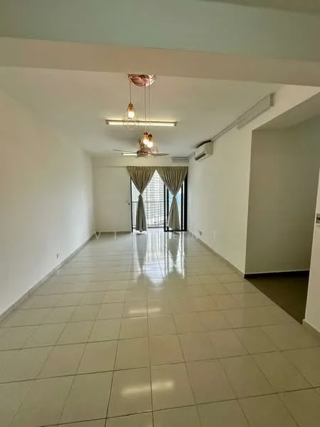 Living features: white painted walls, glossy tile flooring, 5-blade ceiling fan with light, recessed downlights, sliding glass door, floor-to-ceiling windows, curtains, air conditioning unit; style: modern; view: city.