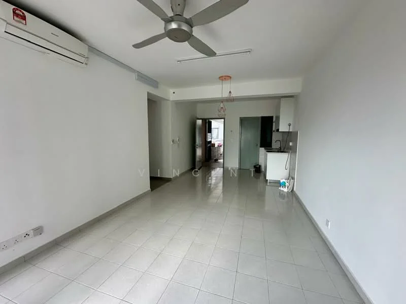 Living features: white painted walls, grey tiled flooring, 5-blade ceiling fan, wall-mounted split AC, recessed lighting, open layout, doorway to kitchen, large window, neutral decor; style: modern. Kitchen features: white cabinetry, grey countertop, sink, stainless-steel faucet, kitchen appliances visible, open layout to living area; style: modern.