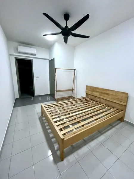 Bedroom features: queen-size bed frame with slatted base, grey tiled flooring, white painted walls, 5-blade ceiling fan, wall-mounted split AC, open wardrobe frame, doorway leading to hallway; style: minimalist.
