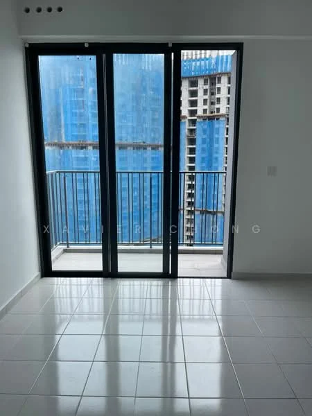 Room features: white painted walls, glossy ceramic tile flooring, floor-to-ceiling sliding glass door, balcony with metal railing, city view through balcony, natural light from large windows; style: modern; view: city.