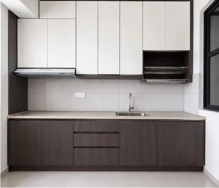 Kitchen features: white upper cabinets, dark wood lower cabinets, stainless-steel sink, chrome pull-down faucet, solid surface countertop, built-in range hood, open shelving, tile backsplash, ceramic tile flooring, single-bowl sink; style: modern.