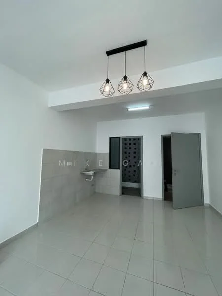 Room features: white painted walls, grey tiled flooring, 3 pendant lights, kitchenette with sink, grey cabinetry, open layout, doorway to bathroom, doorway to another room; style: modern.