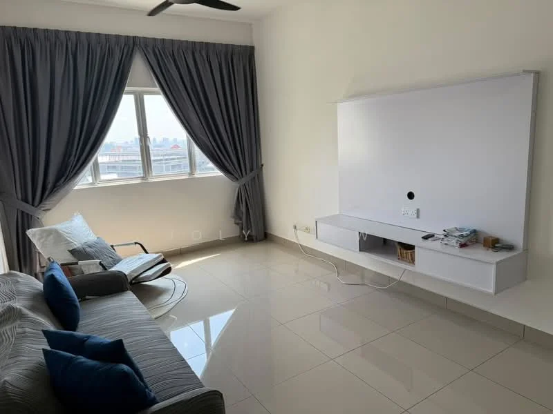 Living features: grey fabric sofa, blue decorative pillows, white wall-mounted TV console, floor-to-ceiling window, grey curtains, polished ceramic tile flooring, ceiling fan, natural light from window; style: modern; view: city.