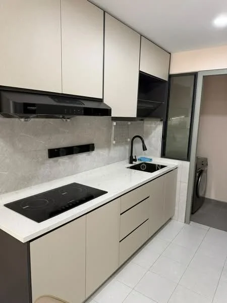 Kitchen features: light beige cabinetry, white quartz countertop, black induction cooktop, black range hood, single-bowl stainless-steel sink, black gooseneck faucet, grey tile backsplash, white tiled flooring, built-in oven, open shelving, window with view to laundry area; style: modern.