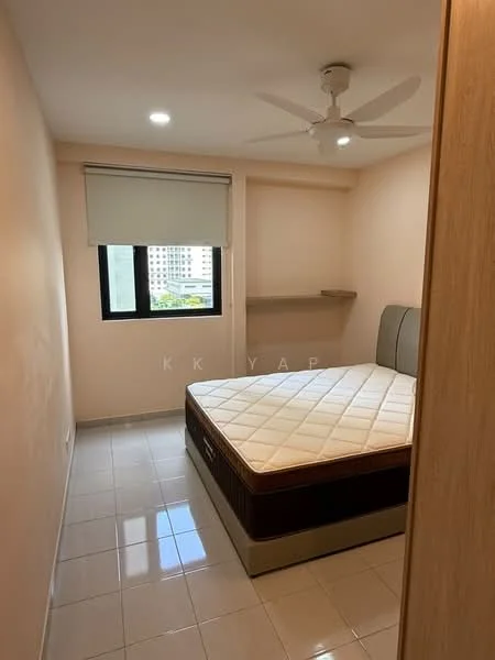 Bedroom features: queen-size bed, upholstered headboard, ceiling fan, white painted walls, tile flooring, window with roller blinds, shelf mounted on wall, floor-to-ceiling window, natural light; style: modern; view: city.
