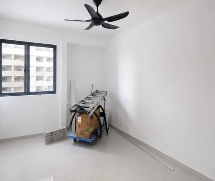Room features: white painted walls, grey tiled flooring, ceiling fan, floor-to-ceiling window, ladder, cart with boxes, metal strips.