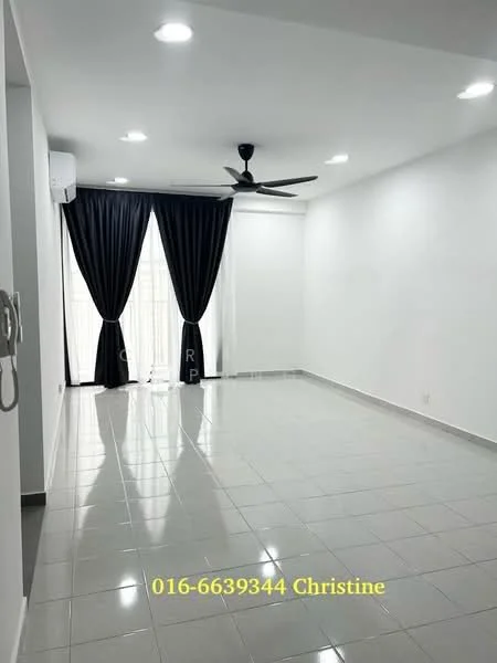 Living features: white painted walls, glossy tile flooring, 5-blade ceiling fan with light, floor-to-ceiling windows, blackout curtains, air conditioning unit, recessed downlights; style: modern.