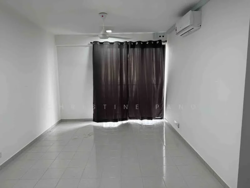Room features: white painted walls, grey tiled flooring, ceiling fan, wall-mounted split AC, blackout curtains, large window, no visible furniture; style: modern.