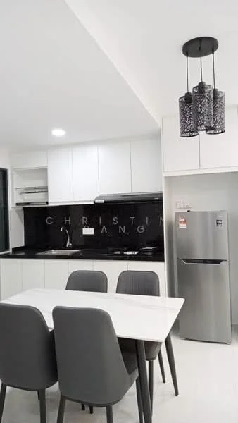 Kitchen features: black tiled backsplash, white cabinetry, stainless-steel fridge, built-in oven, 4-burner gas hob, single-bowl stainless-steel sink, chrome pull-down faucet, white countertop, dining table with 4 grey chairs, pendant light fixture; style: modern.