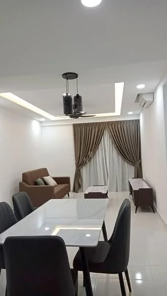 Living features: white painted walls, recessed ceiling with LED lighting, 5-blade ceiling fan with light, floor-to-ceiling windows with sheer curtains, brown fabric sofa, marble dining table, 4 upholstered dining chairs, wooden side tables, light-colored tiled flooring; style: modern.