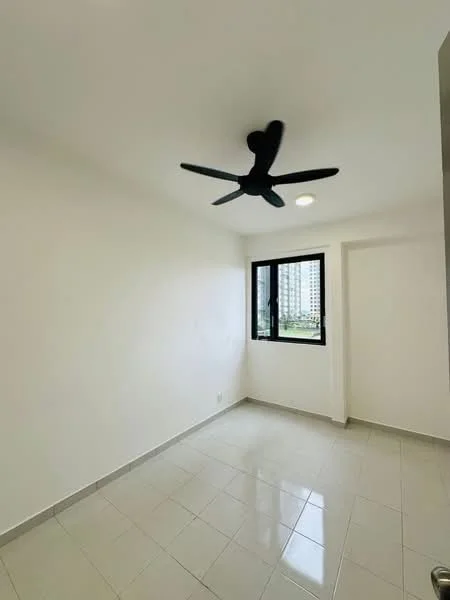 Room features: white painted walls, glossy ceramic tile flooring, ceiling fan, recessed downlights, floor-to-ceiling window, black window frame, neutral color scheme, corner window; style: modern; view: city.