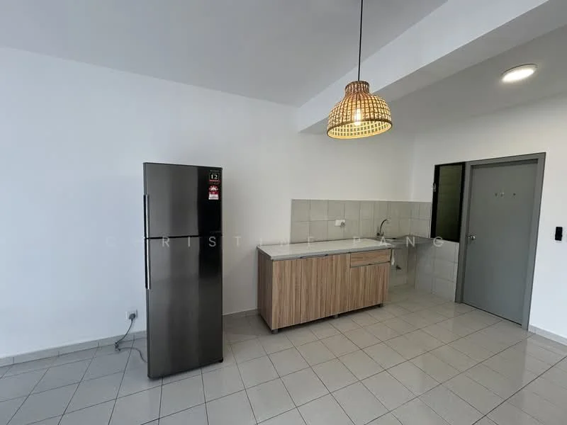 Kitchen features: stainless-steel fridge, wood cabinetry, white countertop, grey tiled backsplash, single-bowl stainless-steel sink, chrome pull-down faucet, recessed downlights, ceramic tile flooring, open layout, wall-mounted electrical outlets, door to adjacent room, hanging pendant light; style: modern.