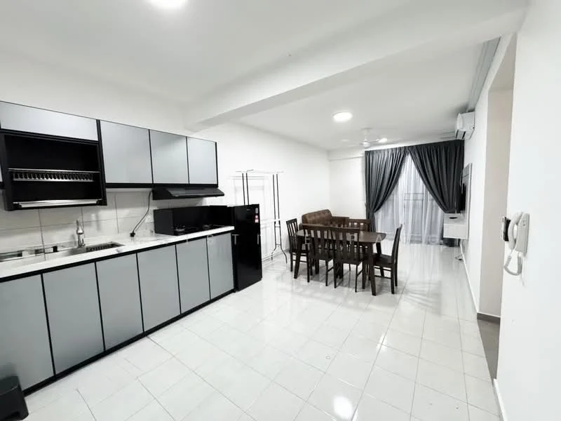 Kitchen features: grey cabinetry with flat-panel doors, white countertop, stainless-steel sink, chrome pull-down faucet, built-in oven, freestanding black fridge, ceramic tile flooring, wall-mounted split AC, recessed downlights, open shelving, kitchen island, dining table with 6 wooden chairs, floor-to-ceiling window with sheer curtains; style: modern.