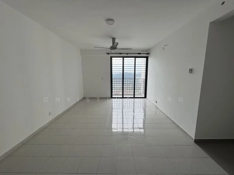 Living features: white painted walls, glossy ceramic tile flooring, 5-blade ceiling fan with light, floor-to-ceiling windows, sliding glass door, natural light from windows, open layout, neutral color scheme; style: modern; view: city.