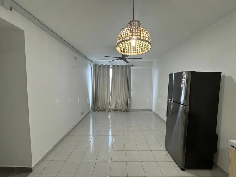 Living features: white painted walls, grey tiled flooring, sliding glass door, floor-to-ceiling windows, sheer curtains, 5-blade ceiling fan, pendant light, black refrigerator; style: modern.