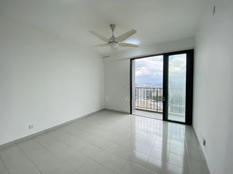 Room features: white painted walls, glossy tile flooring, 5-blade ceiling fan, floor-to-ceiling sliding glass door, balcony access, natural light from window, mountain view, neutral color scheme; style: modern; view: mountain.