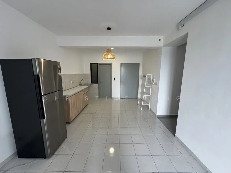 Kitchen features: stainless-steel fridge, wood cabinetry, white walls, grey tiled flooring, pendant light fixture, single-bowl stainless-steel sink, chrome pull-down faucet, countertop with backsplash, open shelving, wall-mounted cabinet, window for natural light; style: modern.