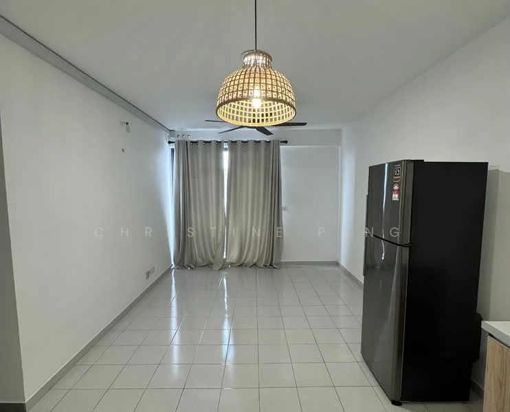 Living features: white painted walls, glossy ceramic tile flooring, recessed downlights, large window with sheer curtains, black refrigerator, wooden cabinetry, pendant light fixture, open layout; style: modern.