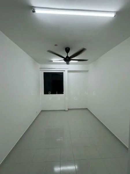 Room features: white painted walls, glossy ceramic tile flooring, ceiling fan, single window, LED ceiling lights.