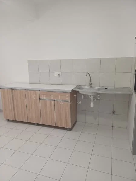 Kitchen features: stainless-steel sink, chrome faucet, laminate countertop, wood cabinetry, white tiled backsplash, white tiled walls, white ceramic floor tiles; style: modern.