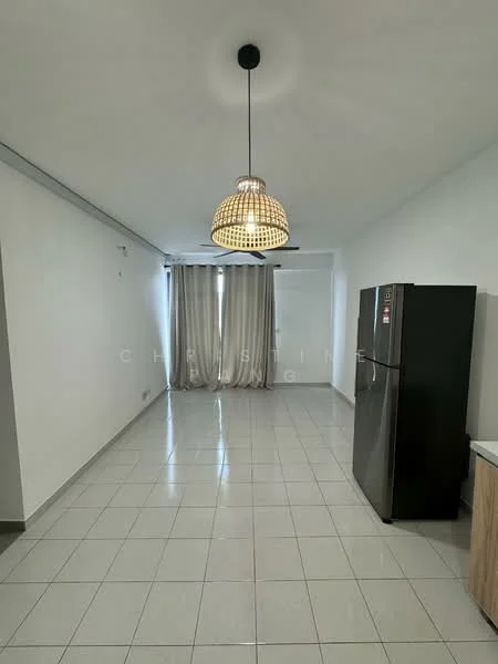 Living features: white painted walls, glossy tile flooring, 5-blade ceiling fan with light, large windows with sheer curtains, refrigerator, wood cabinetry, open layout; style: modern.