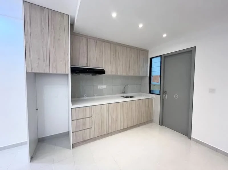 Kitchen features: light wood cabinetry, white countertop, single-bowl stainless-steel sink, chrome pull-down faucet, built-in oven, stainless-steel range hood, ceramic tile flooring, recessed LED downlights, wall-mounted cabinet, grey door, window with natural light; style: modern.
