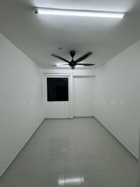 Room features: white painted walls, glossy ceramic tile flooring, ceiling fan, single window, fluorescent ceiling lights; style: modern.