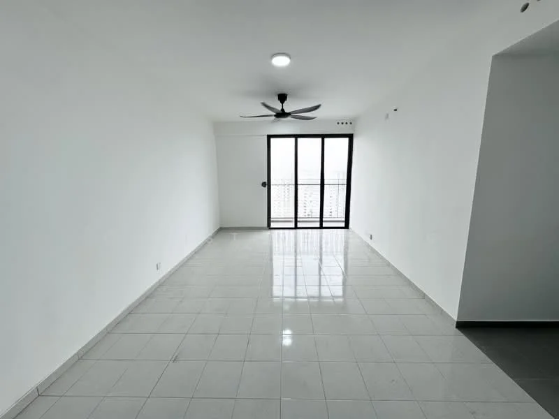 Living features: white painted walls, glossy ceramic tile flooring, 5-blade ceiling fan with light, floor-to-ceiling sliding glass door, balcony access, natural light from large window, neutral color scheme, no visible furniture; style: modern; view: city.